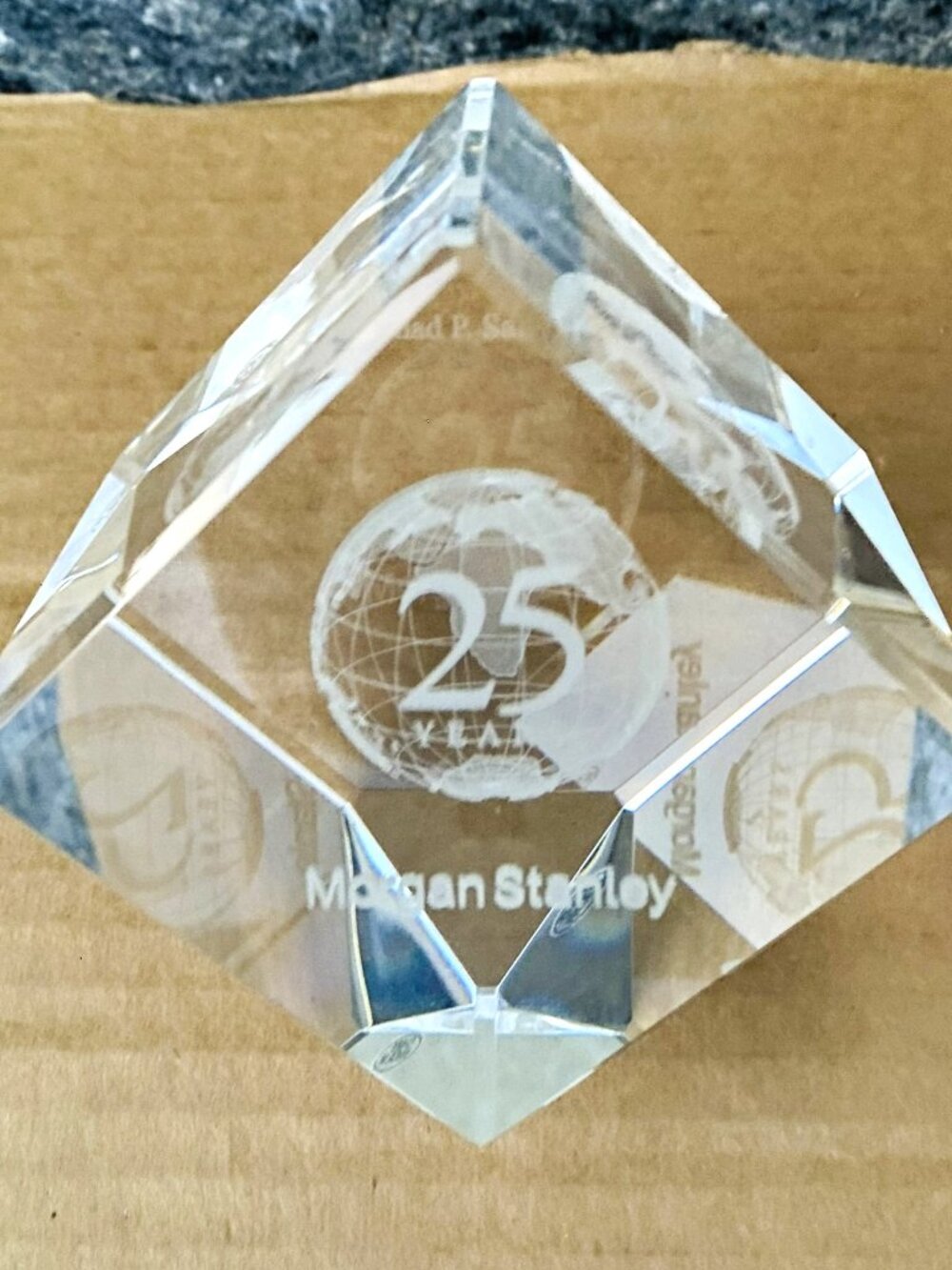 Vtg 25th Anniversary Morgan Stanley Clear Fine Crystal Optic Paper Weight